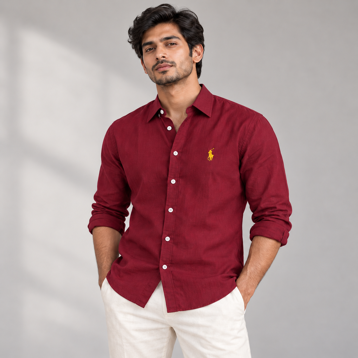 Model wearing burgundy linen shirt with regular turn-down collar
