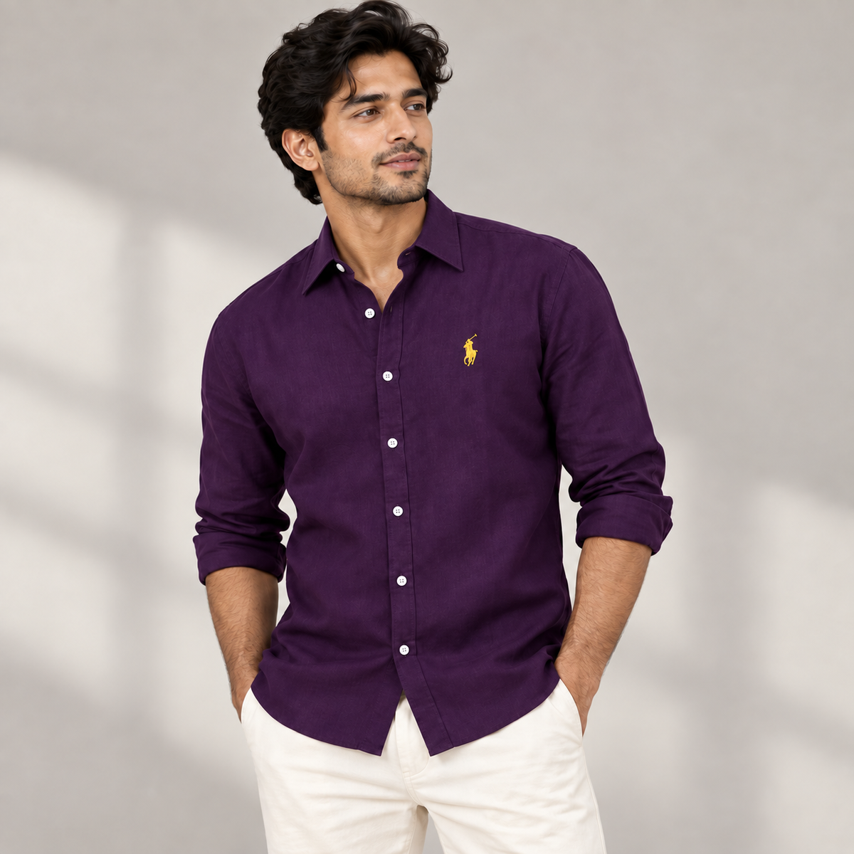 Model wearing deep purple linen shirt with regular turn-down collar