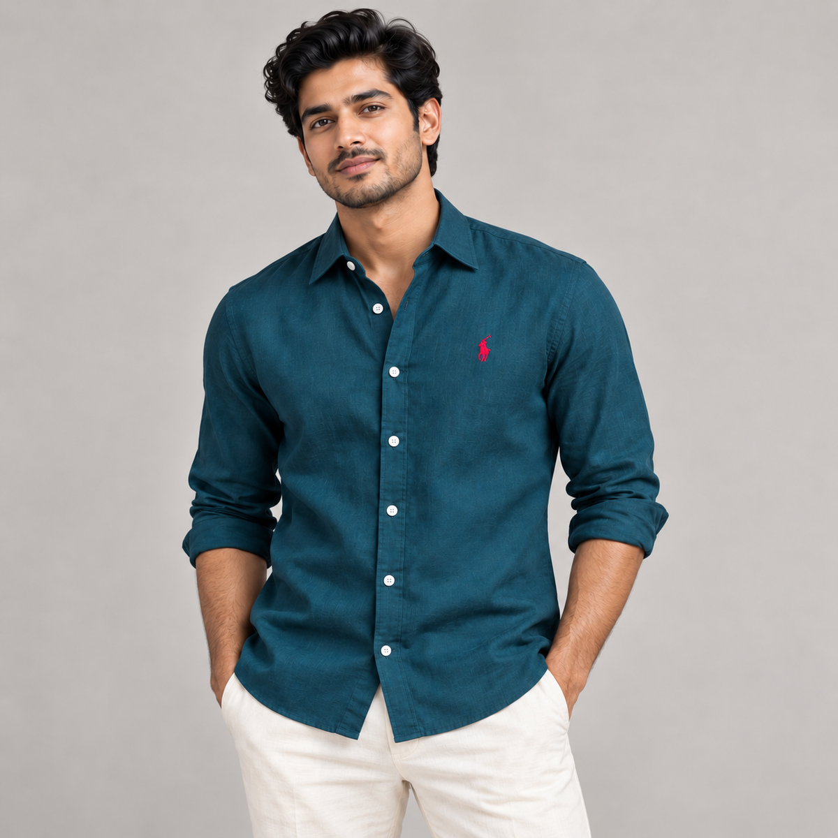 Model wearing deep teal linen shirt with regular turn-down collar