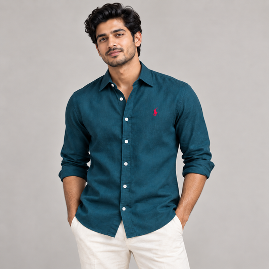 Model wearing deep teal linen shirt with regular turn-down collar