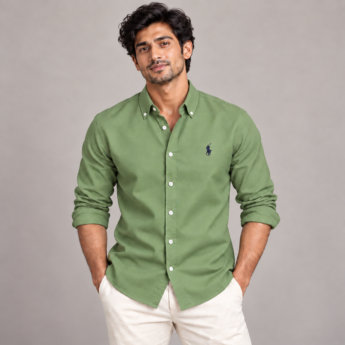 Linen Shirt - Light Green, model view with button-down collar and white collar-tip buttons