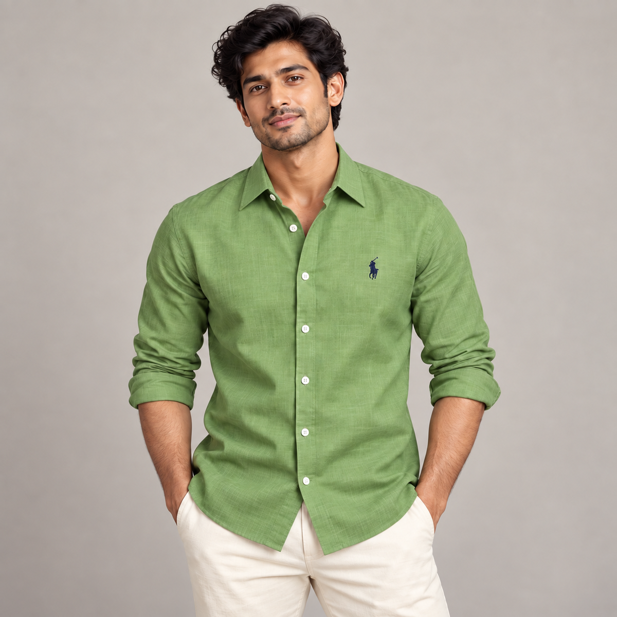 Model wearing light green linen shirt with regular turn-down collar