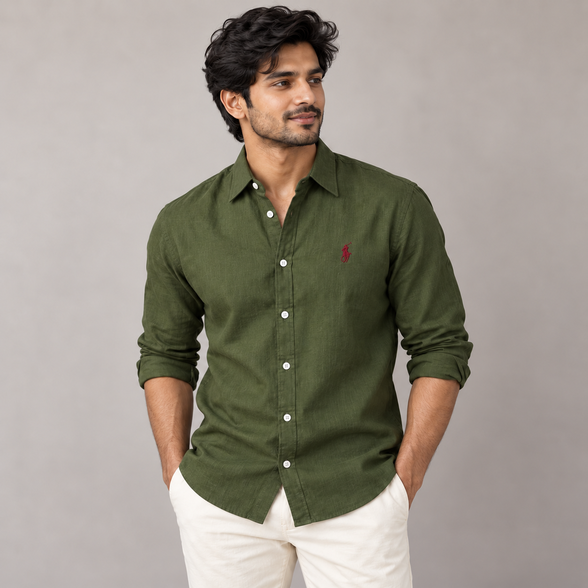 Model wearing olive green linen shirt with regular turn-down collar