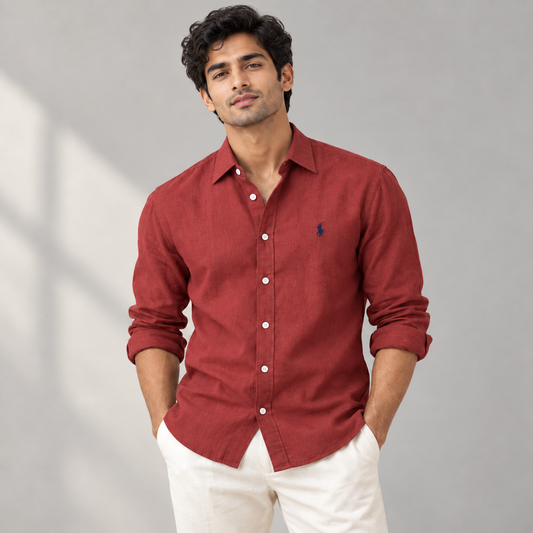 Model wearing rust linen shirt with regular turn-down collar