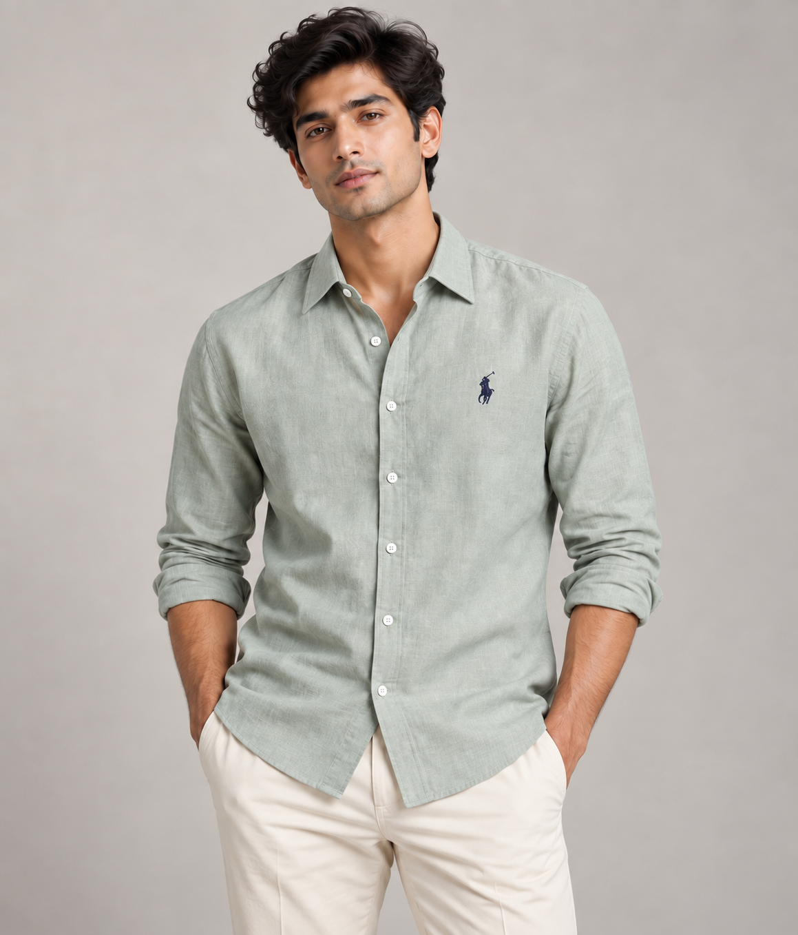 Model wearing sage grey linen shirt with regular turn-down collar