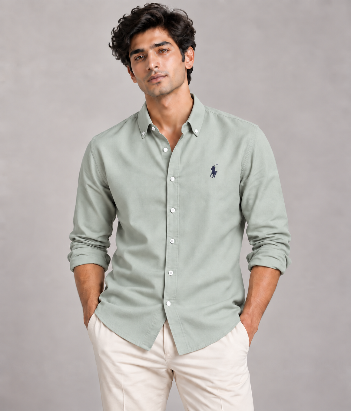 Linen Shirt - Sage Grey, model view with button-down collar and white collar-tip buttons