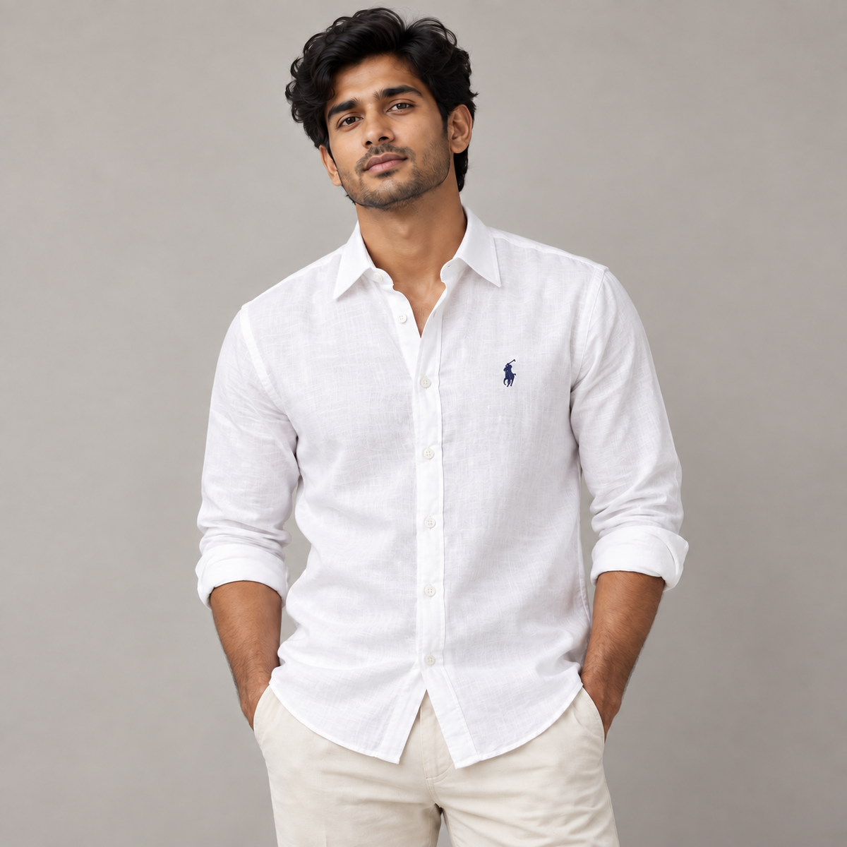 Model wearing white linen shirt with regular turn-down collar
