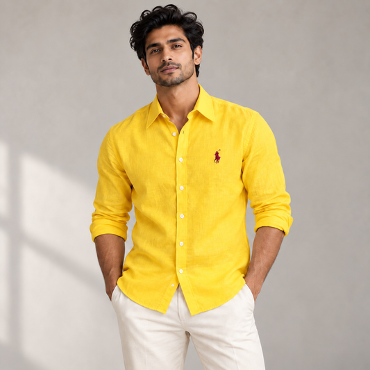 Model wearing yellow linen shirt with regular turn-down collar