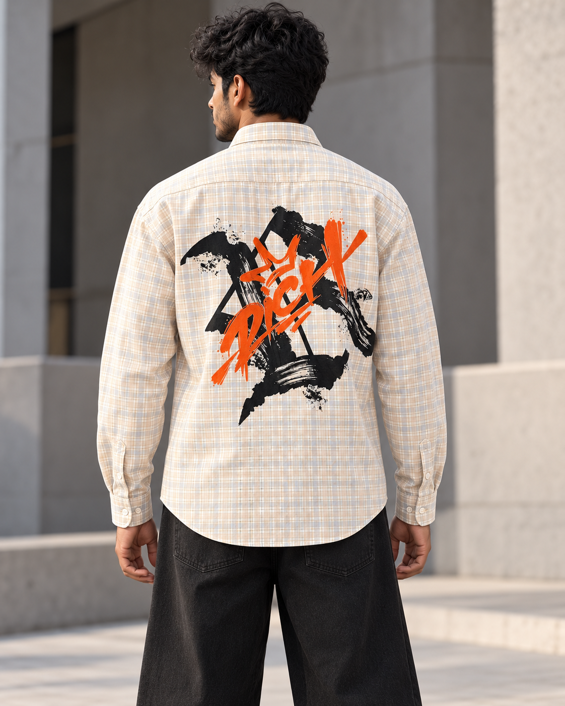 Cream & Beige printed check shirt worn by a model, back view