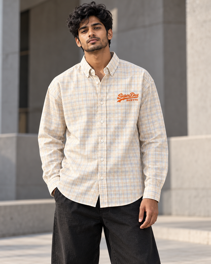 Cream & Beige printed check shirt worn by a model, front view