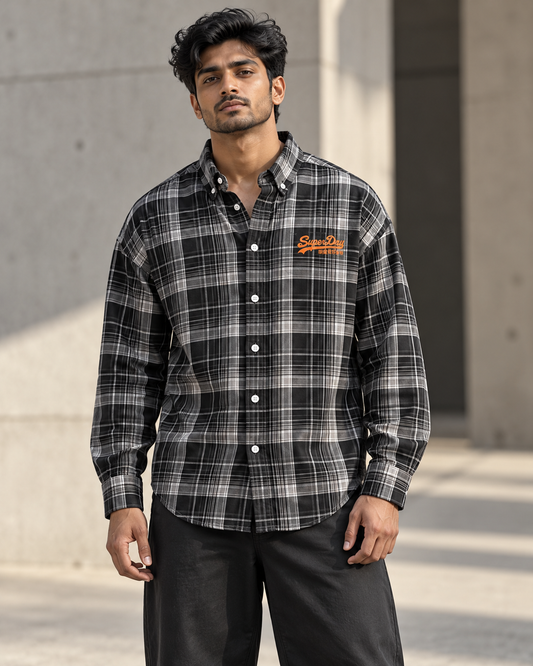 Black & White printed check shirt worn by a model, front view