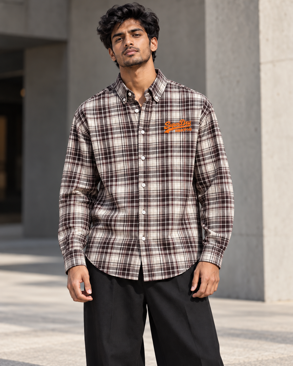 Brown & Ivory printed check shirt worn by a model, front view