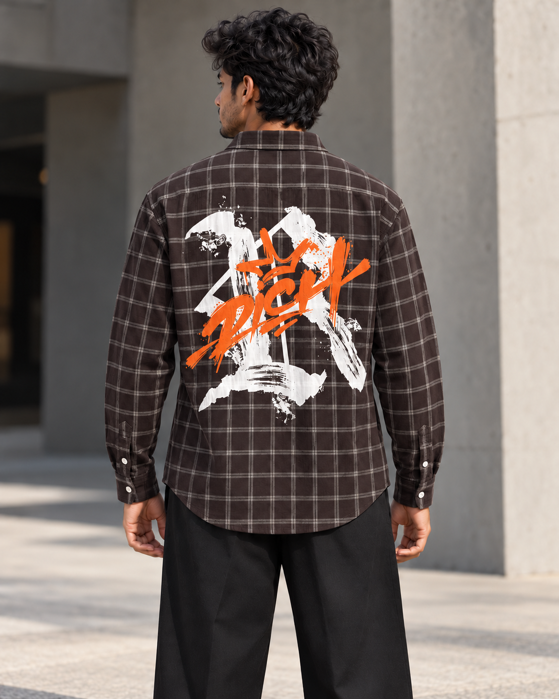 Chocolate Brown printed check shirt worn by a model, back view