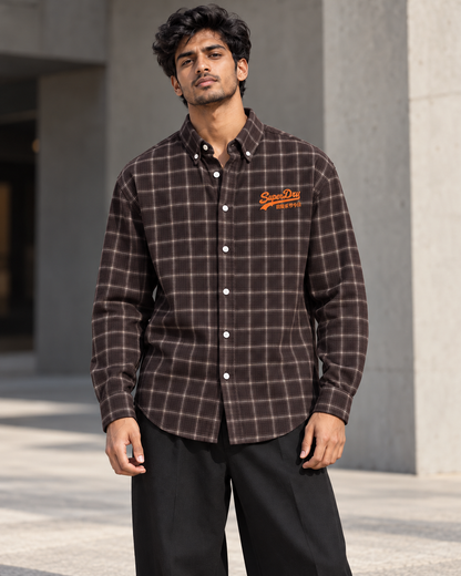Chocolate Brown printed check shirt worn by a model, front view