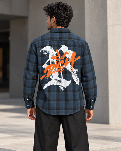 Denim Blue printed check shirt worn by a model, back view