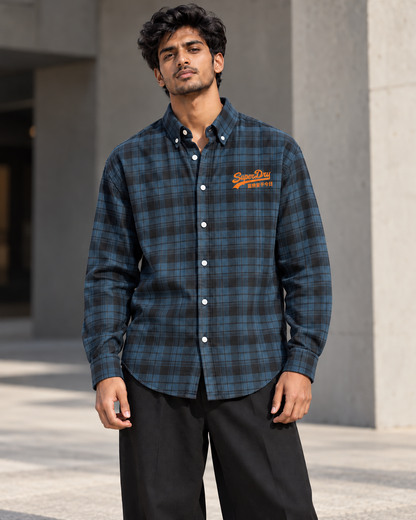 Denim Blue printed check shirt worn by a model, front view