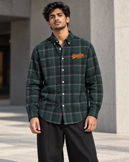 Forest Green printed check shirt worn by a model, front view