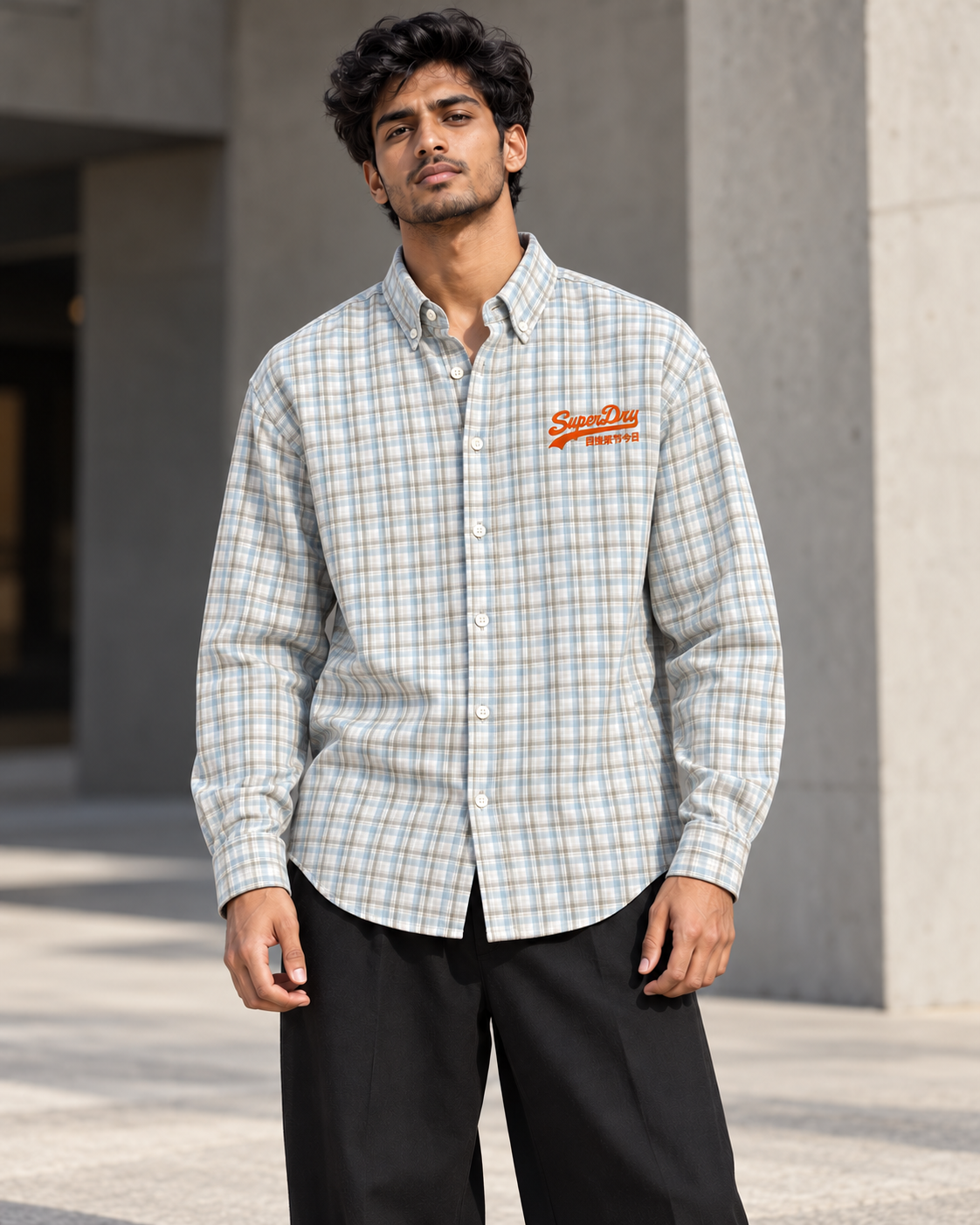 Ice Blue & Grey printed check shirt worn by a model, front view