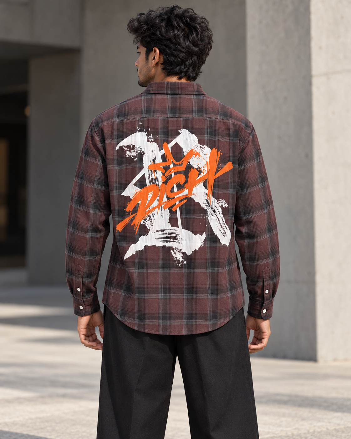 Maroon & Charcoal printed check shirt worn by a model, back view