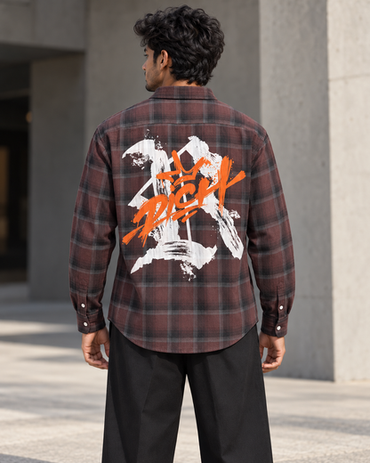 Maroon & Charcoal printed check shirt worn by a model, back view