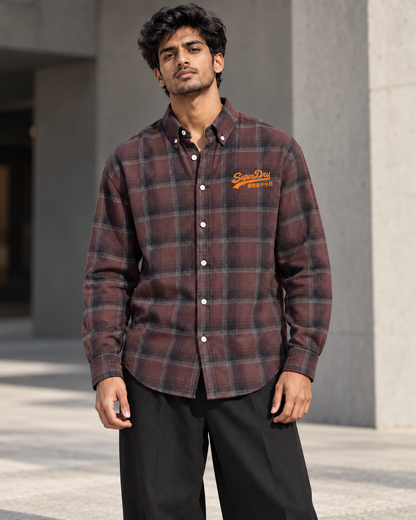 Maroon and charcoal printed check shirt worn by a model, front view