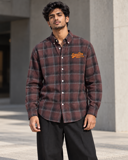 Maroon and charcoal printed check shirt worn by a model, front view