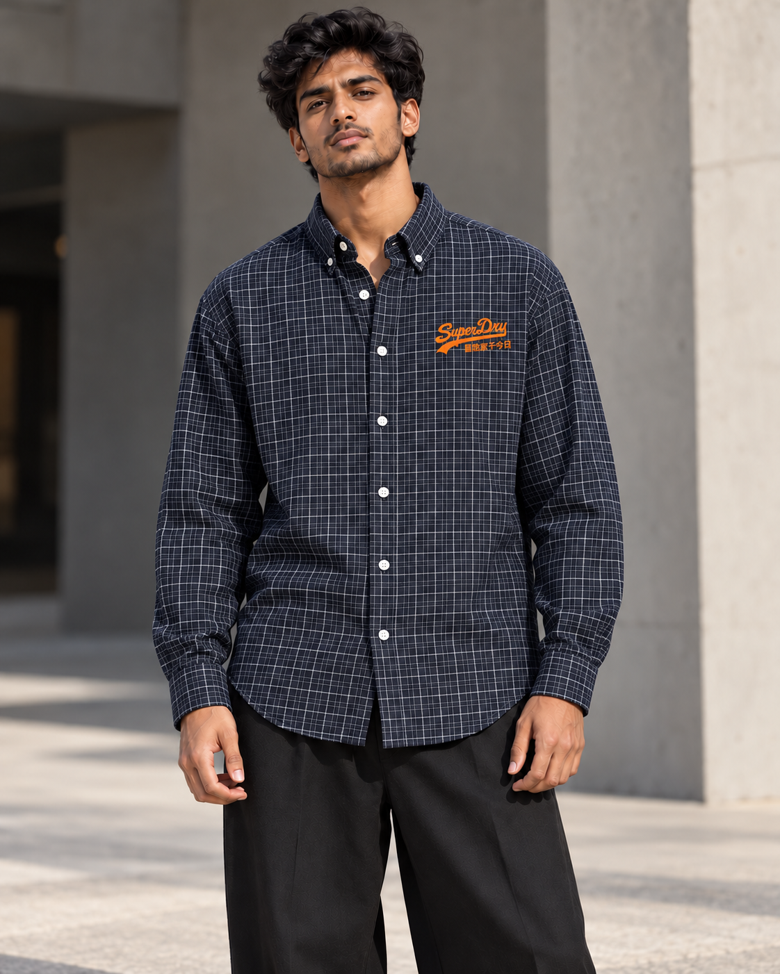 Navy & White Micro Checks printed check shirt worn by a model, front view