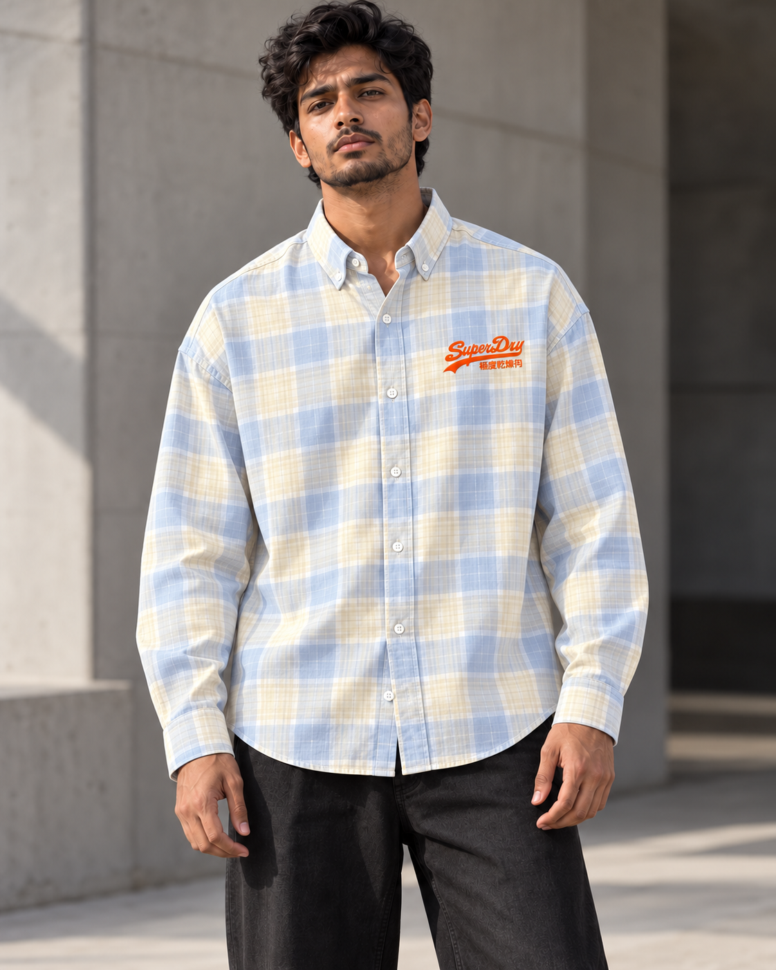 Pastel Blue & Cream broad check shirt worn by a model, front view