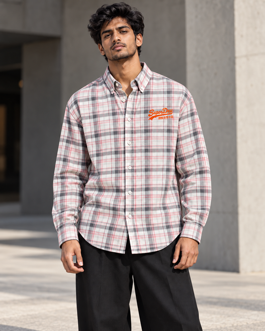 Dusty Pink & Charcoal printed check shirt worn by a model, front view