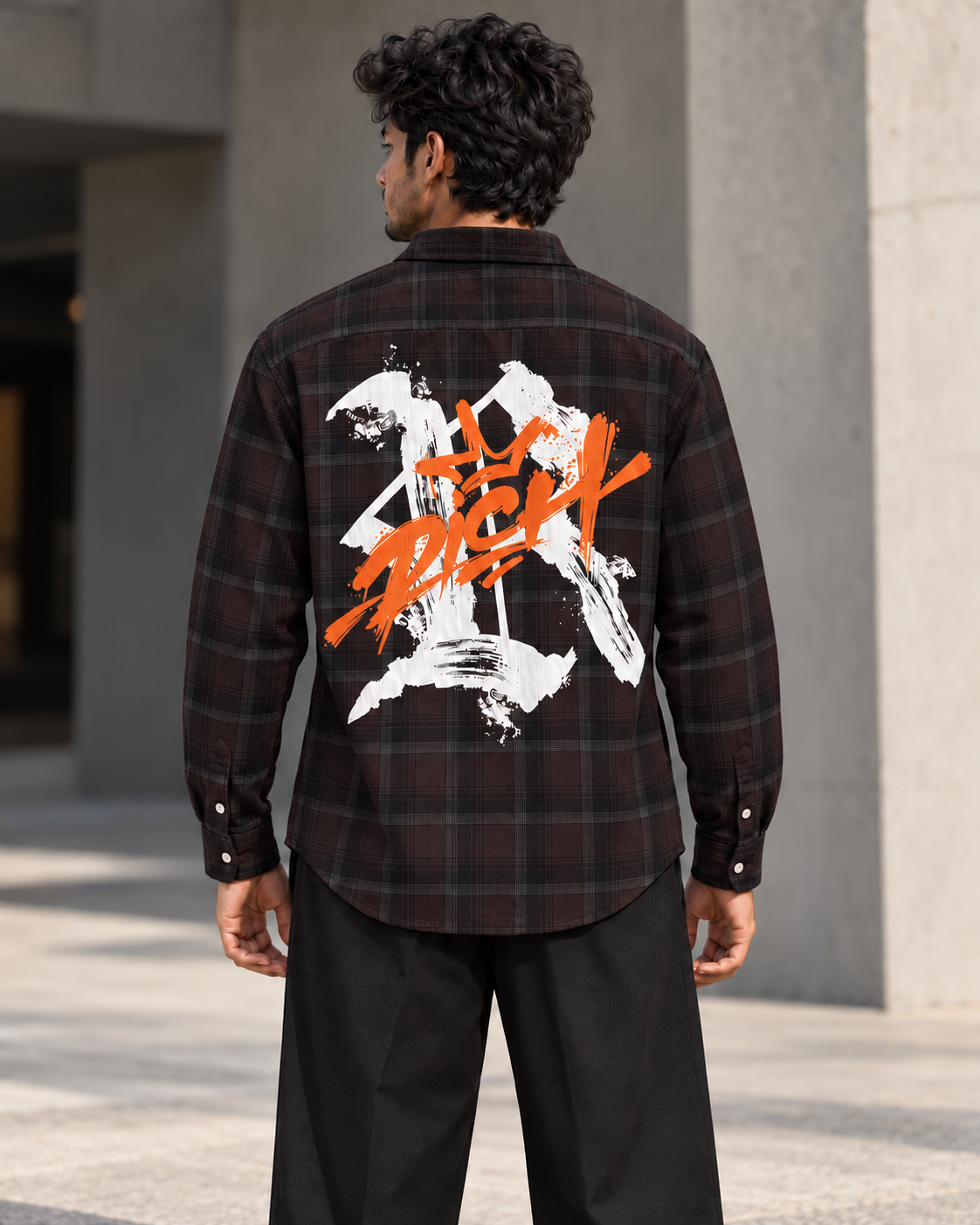 Deep Plum Brown printed check shirt worn by a model, back view