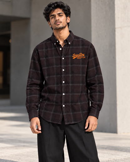 Deep Plum Brown printed check shirt worn by a model, front view