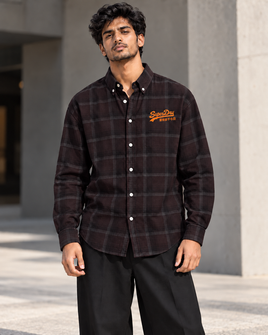Deep Plum Brown printed check shirt worn by a model, front view