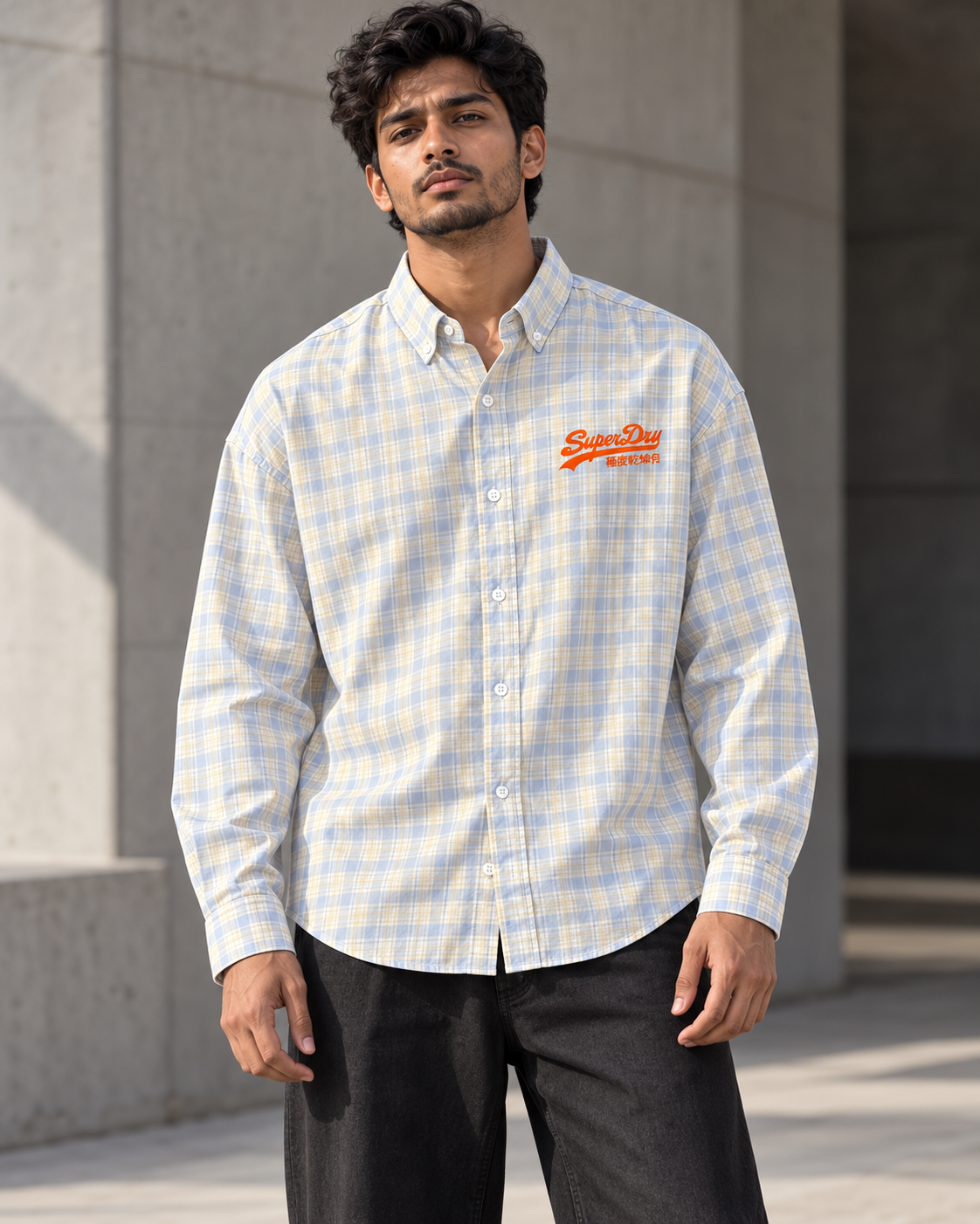 Powder Blue & Cream printed check shirt worn by a model, front view