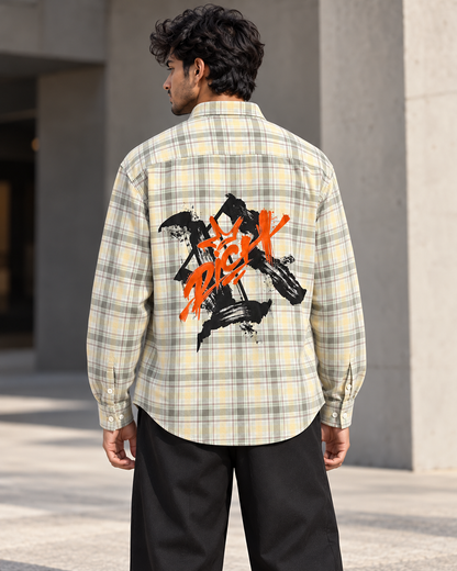 Sage & Cream printed check shirt worn by a model, back view