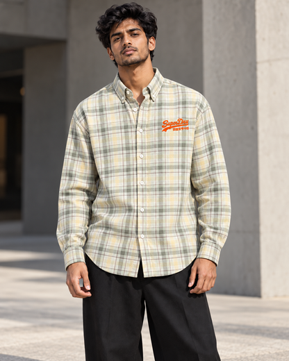 Sage & Cream printed check shirt worn by a model, front view