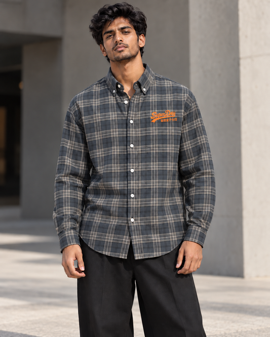 Slate & Cream printed check shirt worn by a model, front view