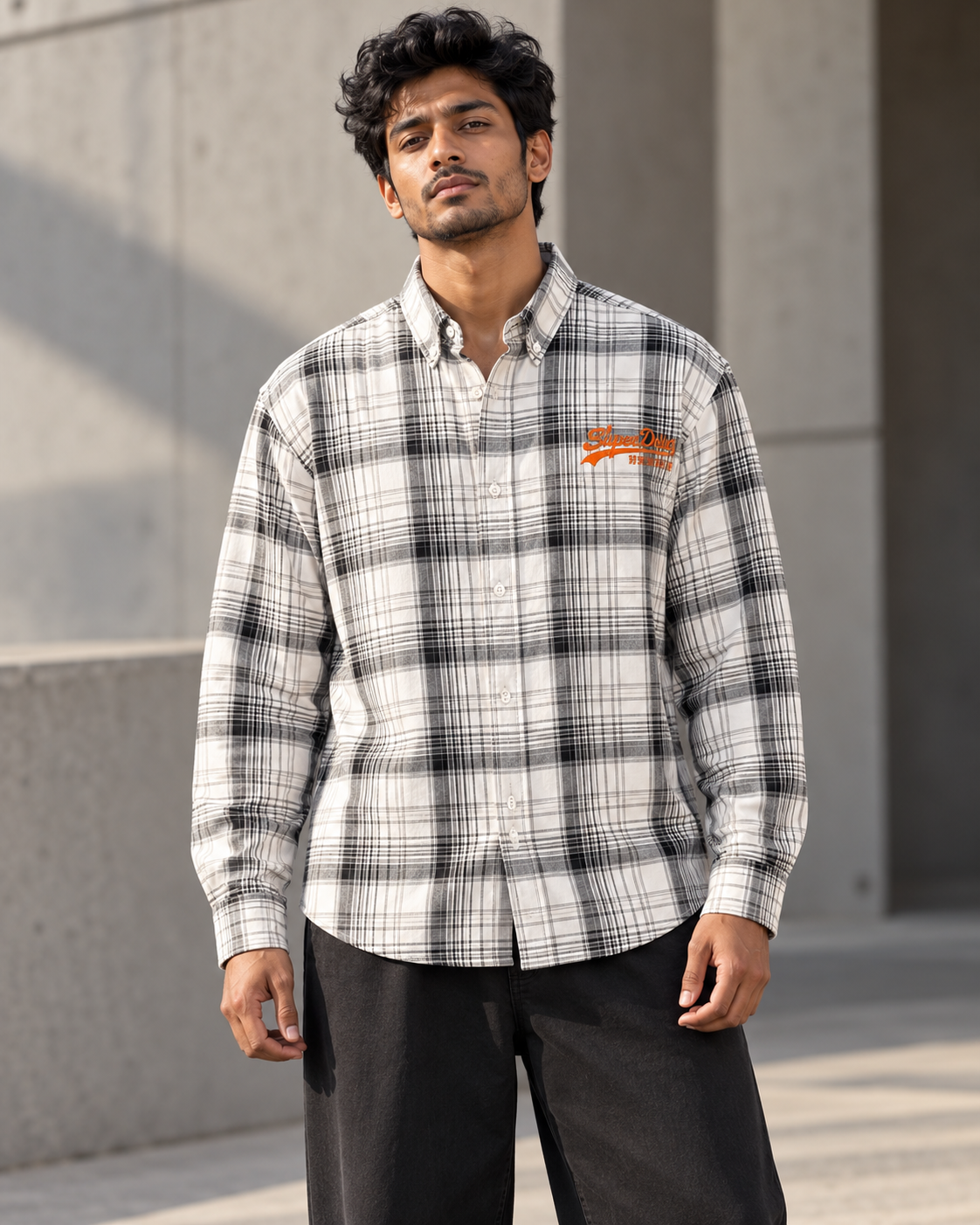 White & Black printed check shirt worn by a model, front view