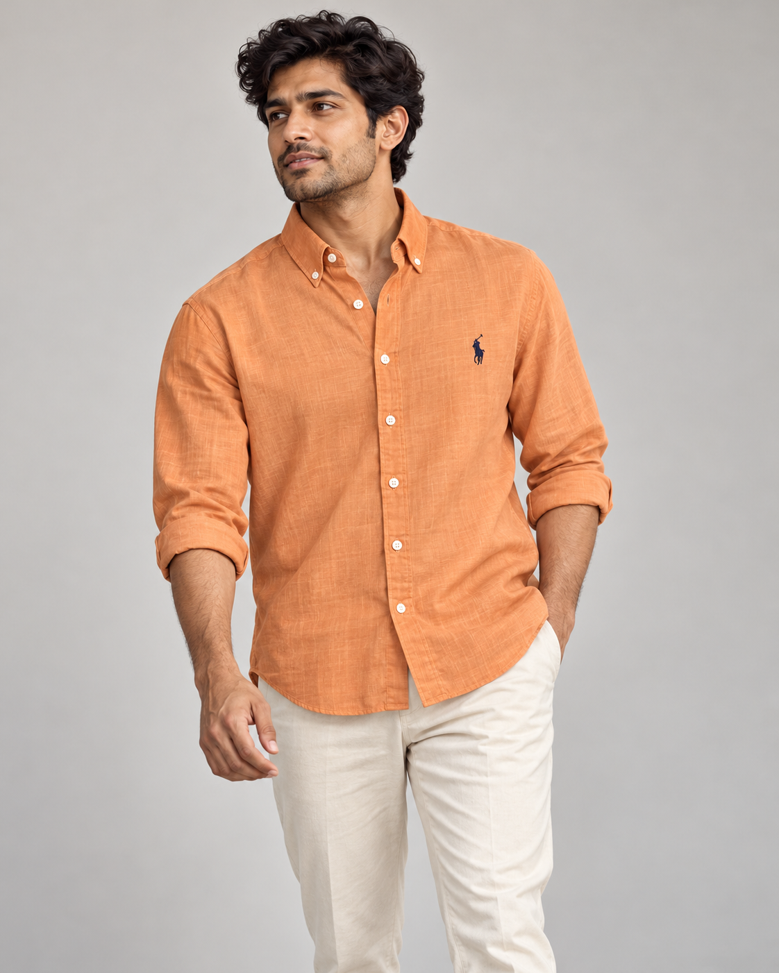 Apricot lyocell linen boxy shirt — casual view
