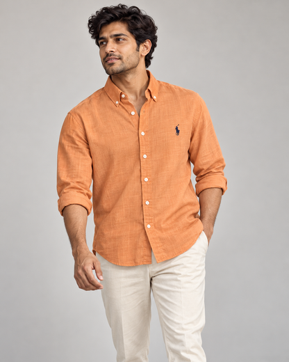 Apricot lyocell linen boxy shirt — casual view