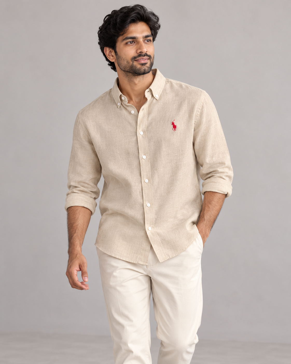 Beige lyocell linen boxy shirt — casual view