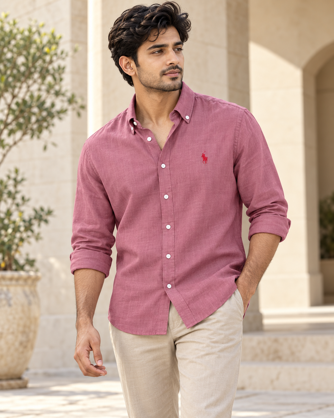 lyocell linen boxy shirt in Dusty Rose, casual view