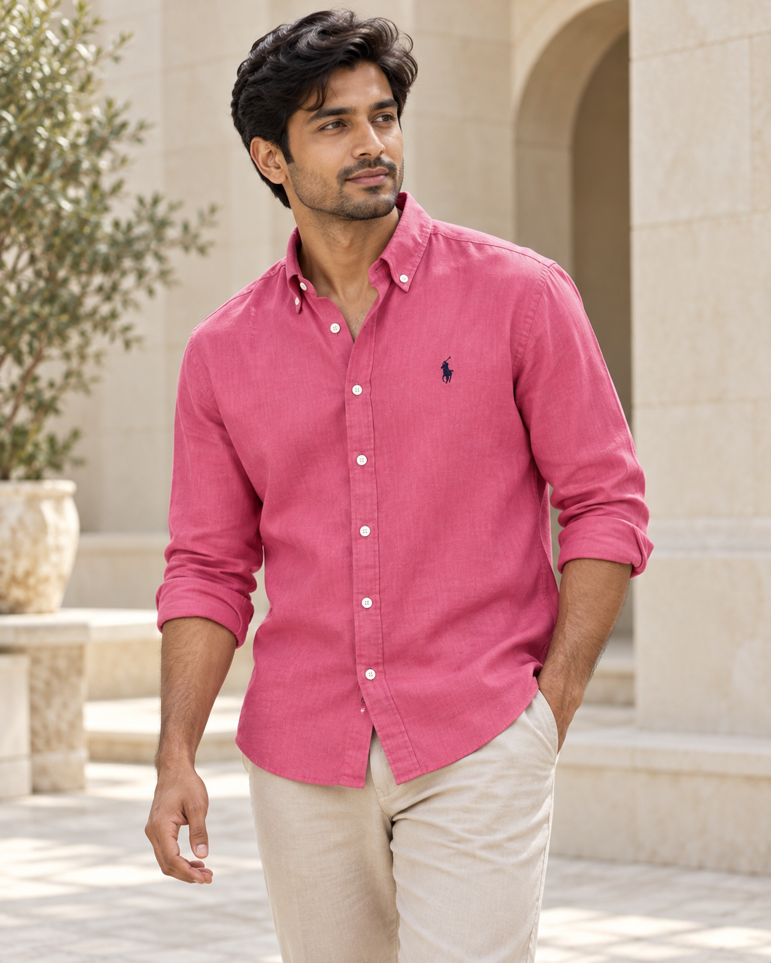 lyocell linen boxy shirt in Fuchsia, casual view