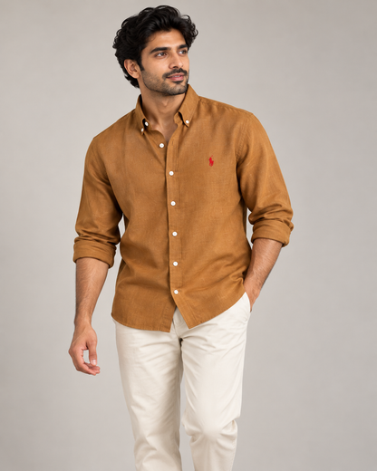 Golden Tan lyocell linen boxy shirt — casual view