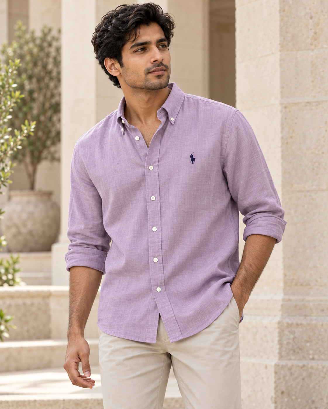 lyocell linen boxy shirt in Lavender, casual view