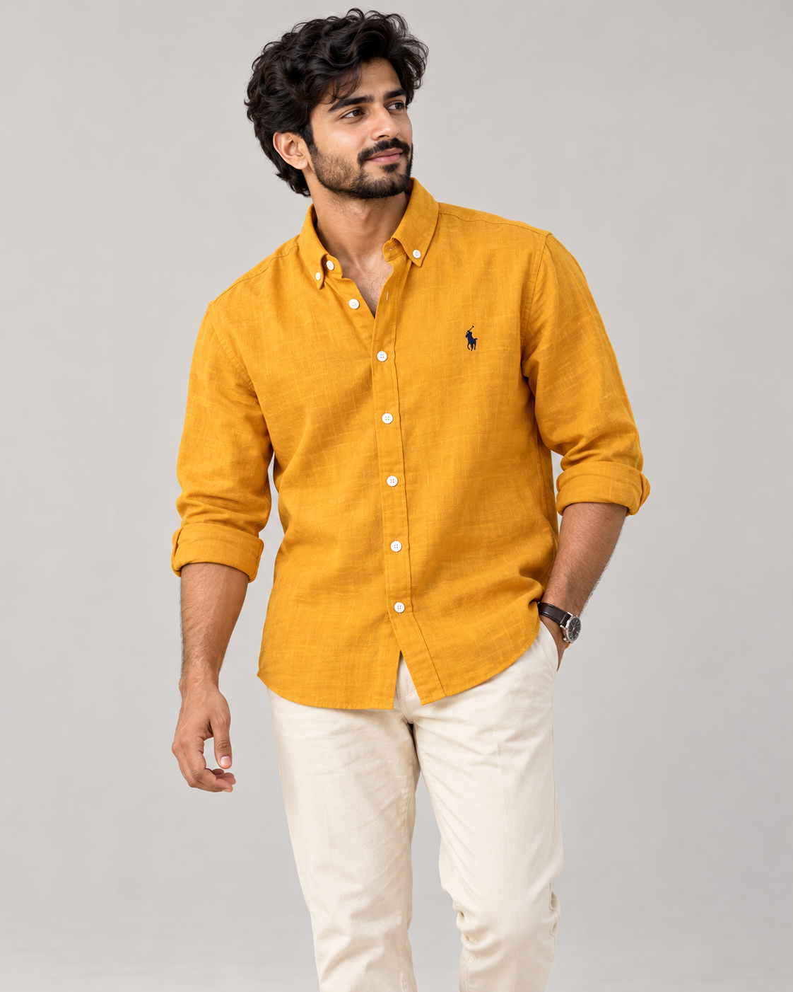 Mustard Yellow lyocell linen boxy shirt — casual view