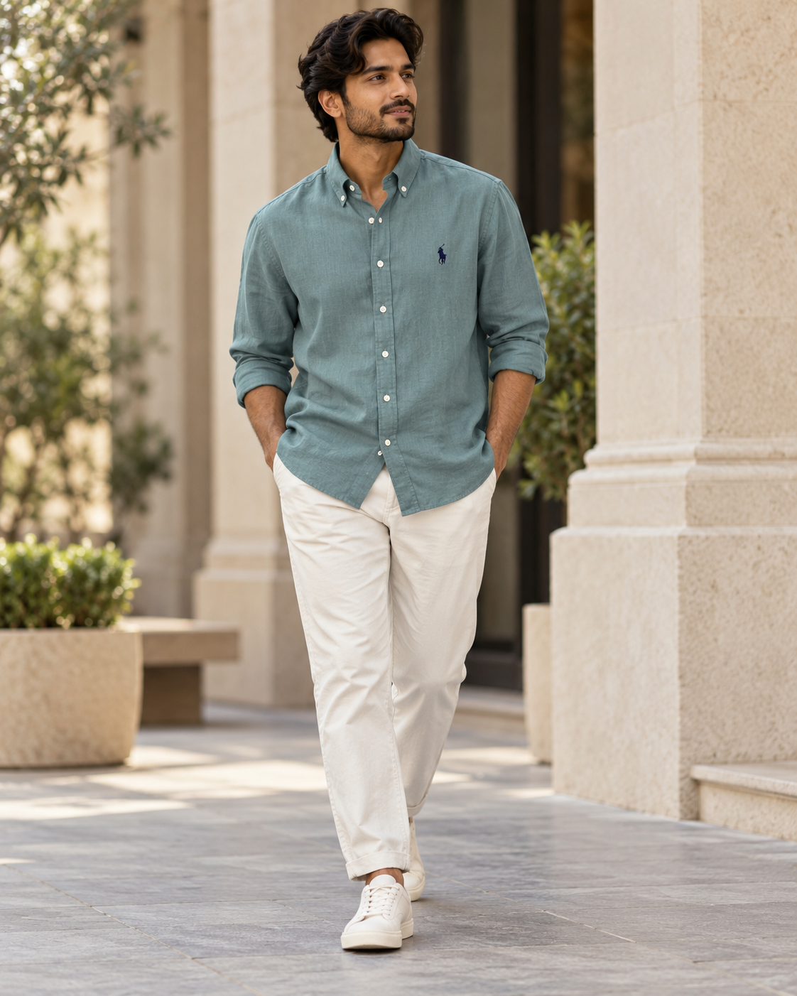 Muted Aqua Lyocell Linen Boxy Shirt — casual view