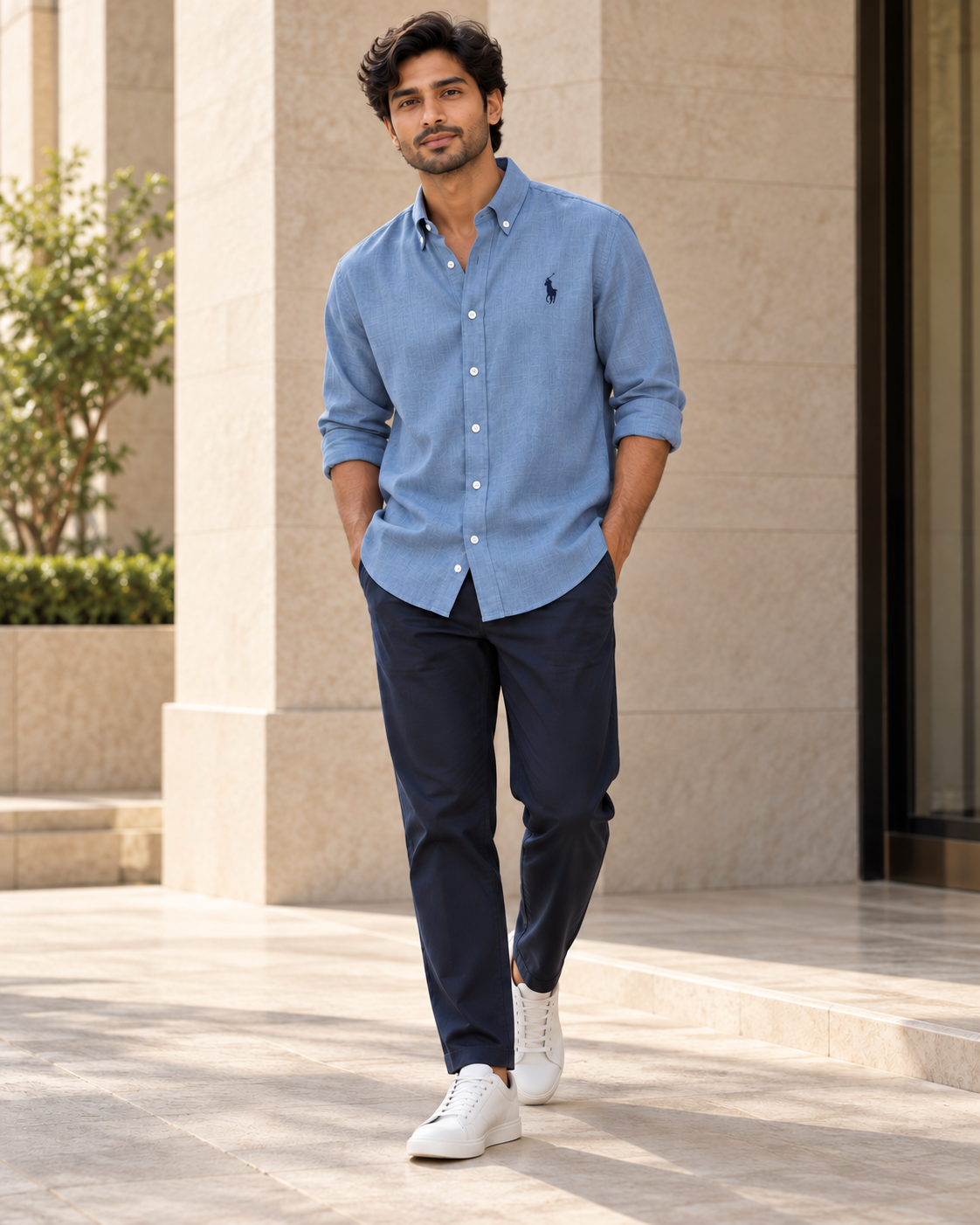 Periwinkle Blue Lyocell Linen Boxy Shirt — casual view