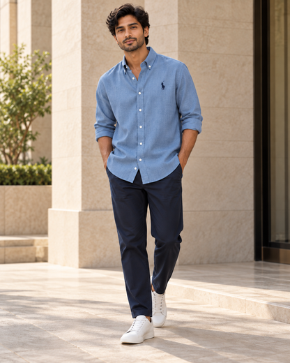 Periwinkle Blue Lyocell Linen Boxy Shirt — casual view