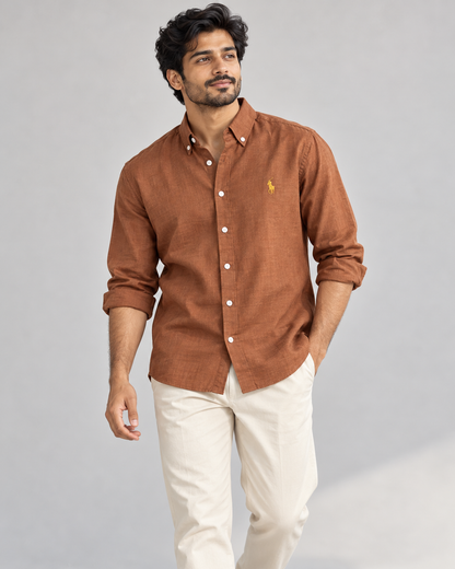 Rust Brown lyocell linen boxy shirt — casual view