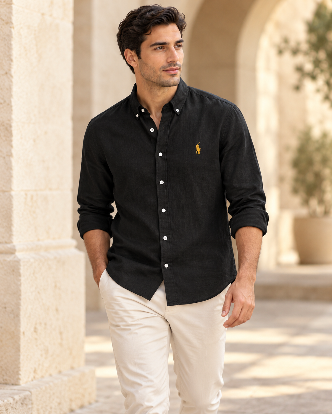 Black lyocell linen boxy-fit shirt — casual view